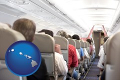 hawaii map icon and airline passengers in a commercial jetliner