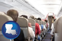 louisiana map icon and airline passengers in a commercial jetliner