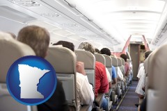 minnesota map icon and airline passengers in a commercial jetliner