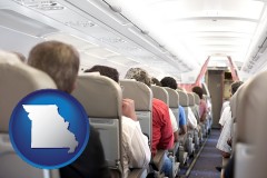 missouri map icon and airline passengers in a commercial jetliner