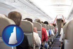 new-hampshire map icon and airline passengers in a commercial jetliner