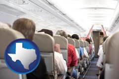 texas map icon and airline passengers in a commercial jetliner