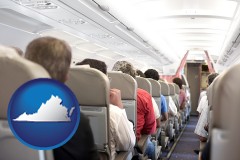 virginia map icon and airline passengers in a commercial jetliner