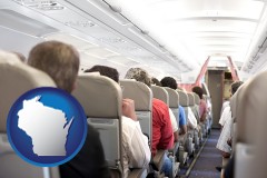 wisconsin map icon and airline passengers in a commercial jetliner