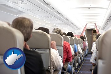 airline passengers in a commercial jetliner - with West Virginia icon